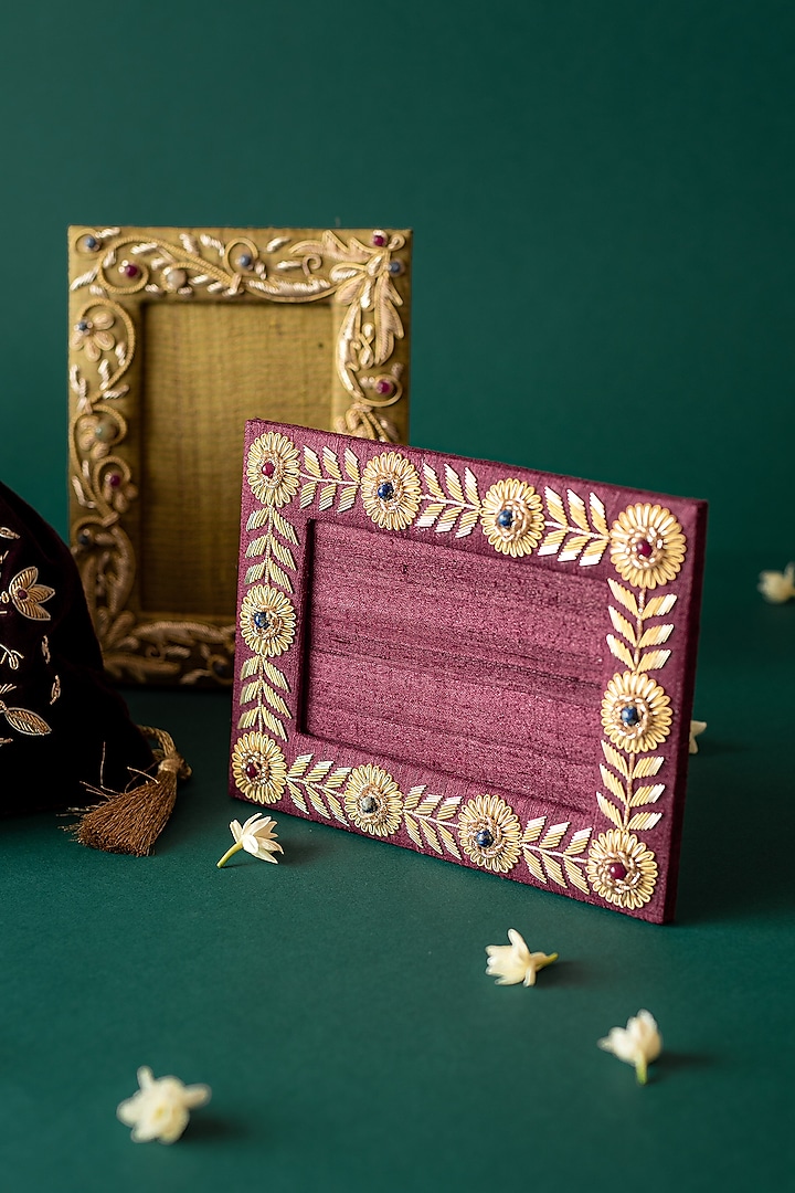 Purple & Gold Silk Velvet Hand Embroidered Photo Frame by The India Craft Project