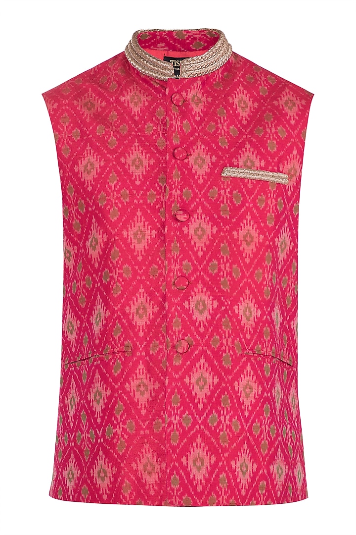 Red Embroidered Nehru Jacket by Tisha Saksena Men