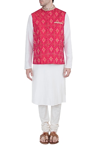 Red Embroidered Nehru Jacket by Tisha Saksena Men