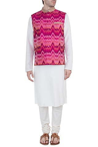 Pink Embroidery Nehru Jacket by Tisha Saksena Men