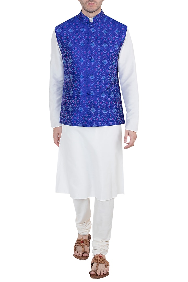 Blue Ikat Nehru Jacket by Tisha Saksena Men at Pernia's Pop Up Shop