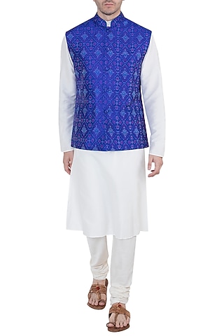 Blue Ikat Nehru Jacket by Tisha Saksena Men
