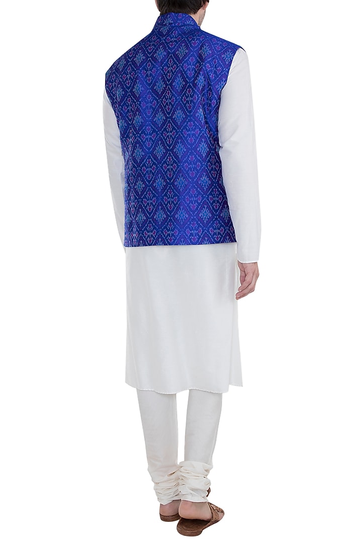 Blue Ikat Nehru Jacket by Tisha Saksena Men at Pernia's Pop Up Shop