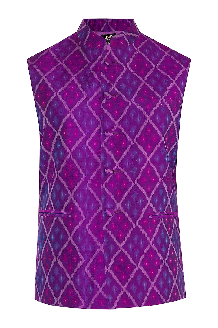 Purple Ikat Nehru Jacket by Tisha Saksena Men