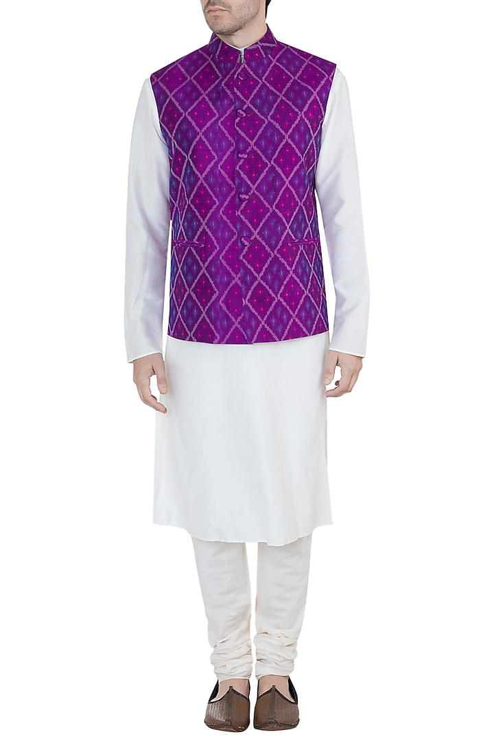 Purple Ikat Nehru Jacket by Tisha Saksena Men at Pernia's Pop Up Shop