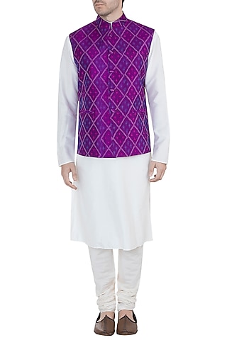 Purple Ikat Nehru Jacket by Tisha Saksena Men