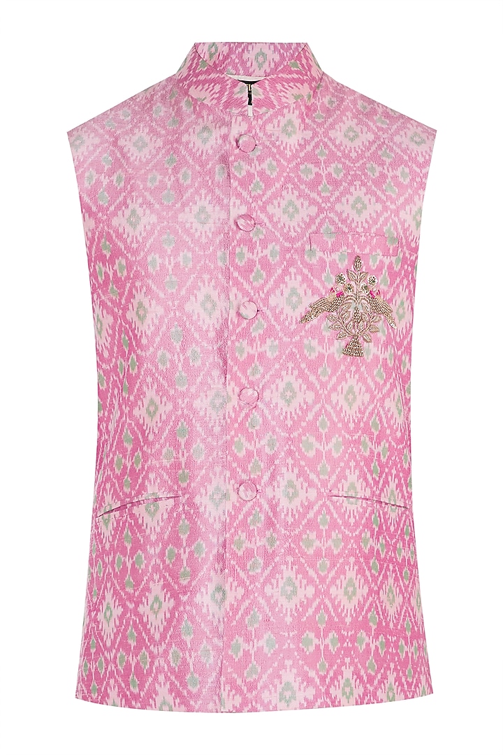 Pink Embroidered Ikat Nehru Jacket by Tisha Saksena Men