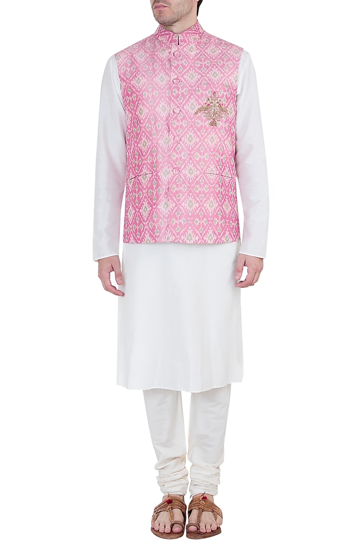 Pink Embroidered Ikat Nehru Jacket by Tisha Saksena Men at Pernia's Pop Up Shop