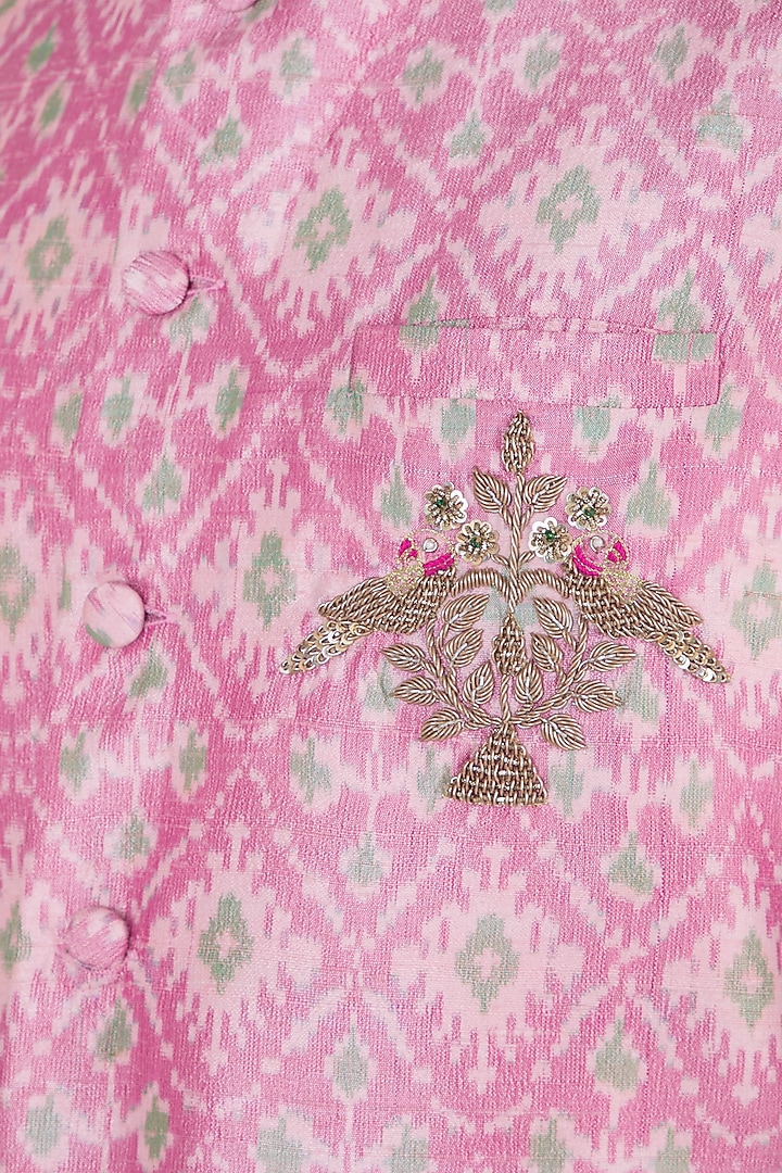 Pink Embroidered Ikat Nehru Jacket by Tisha Saksena Men at Pernia's Pop Up Shop