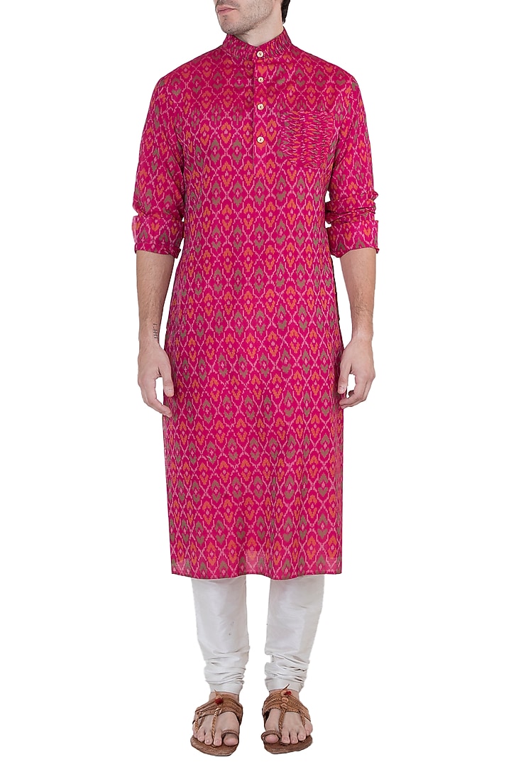 Pink Ikat Pintuck Kurta by Tisha Saksena Men at Pernia's Pop Up Shop