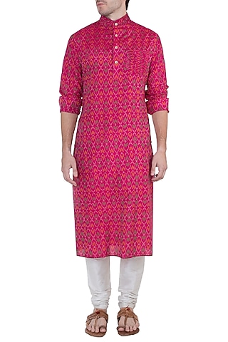Pink Ikat Pintuck Kurta by Tisha Saksena Men