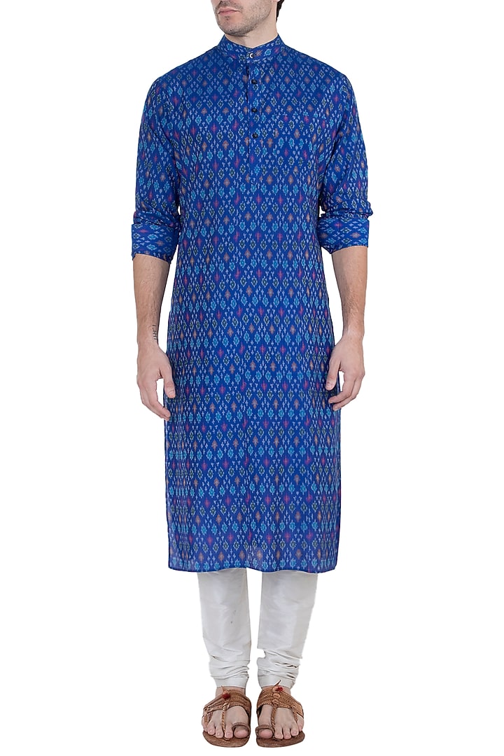 Blue Ikat Kurta by Tisha Saksena Men at Pernia's Pop Up Shop