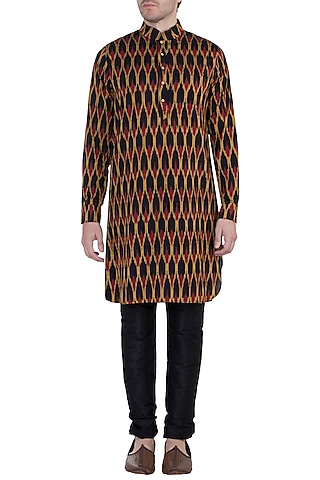 Black Zig-Zag Ikat Kurta by Tisha Saksena Men