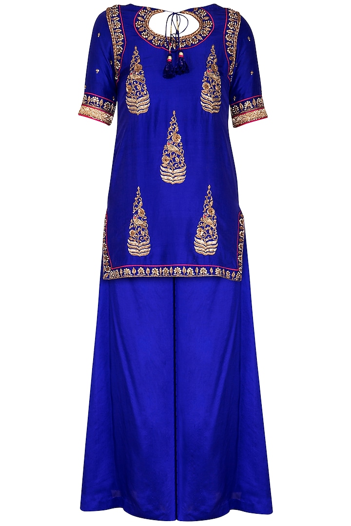 Blue Embroidered Sharara Set by Tisha Saksena