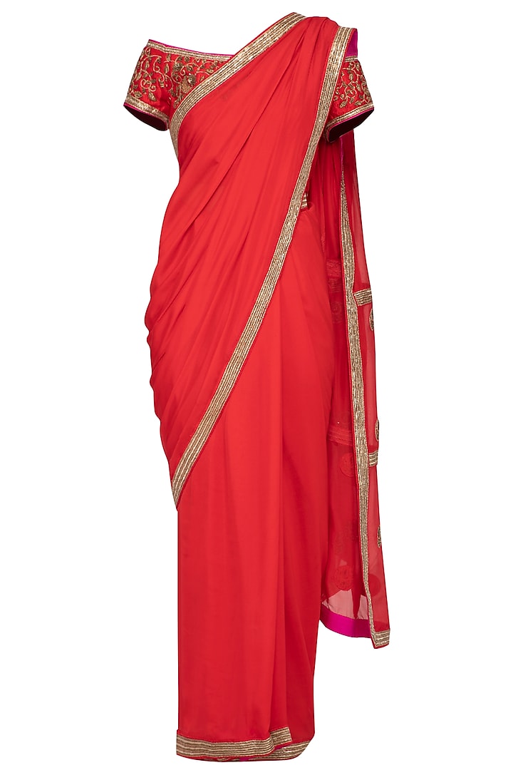 Red Embroidered Saree Set by Tisha Saksena