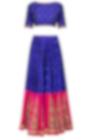 Royal Blue Embroidered Ikat Lehenga Set by Tisha Saksena