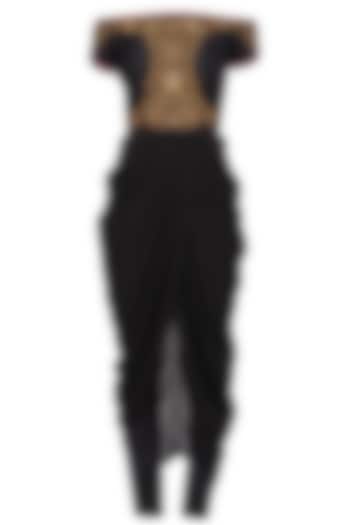 Black Embroidered Off Shoulder Drape Top With Pants by Tisha Saksena