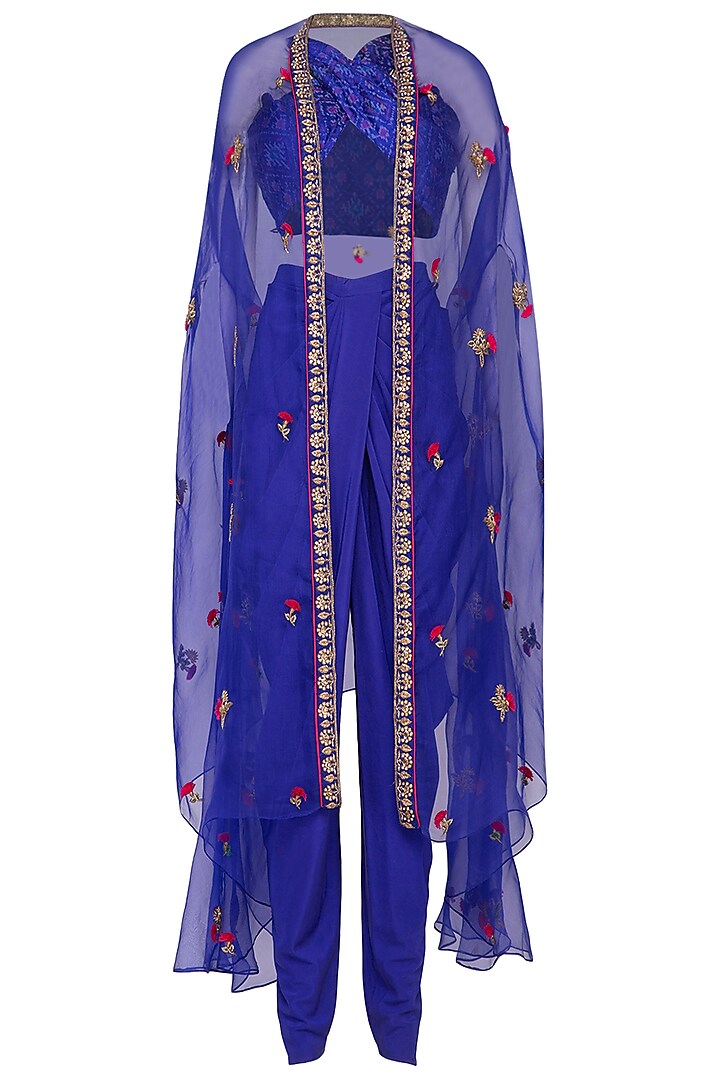 Royal Blue Embroidered Ikat Crop Top With Dhoti Pants & Cape by Tisha Saksena