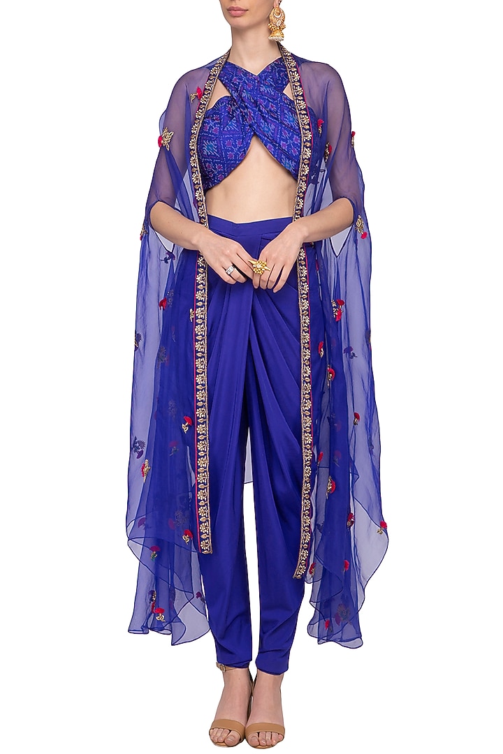 Royal Blue Embroidered Ikat Crop Top With Dhoti Pants & Cape by Tisha Saksena at Pernia's Pop Up Shop