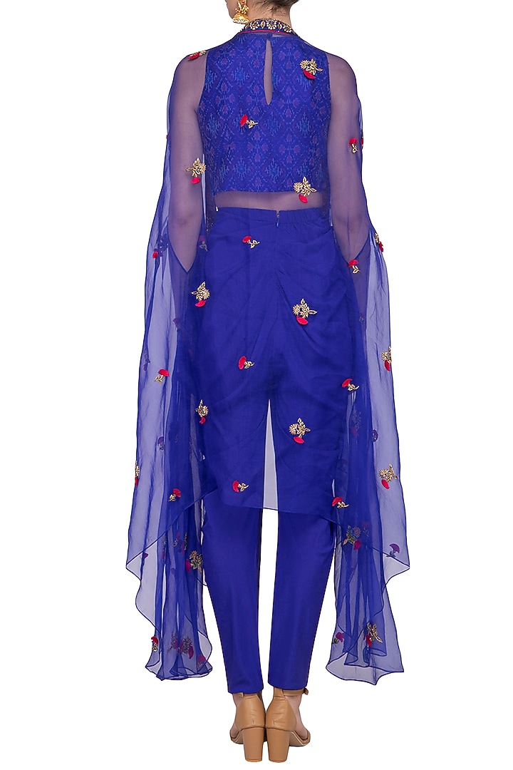 Royal Blue Embroidered Ikat Crop Top With Dhoti Pants & Cape by Tisha Saksena at Pernia's Pop Up Shop