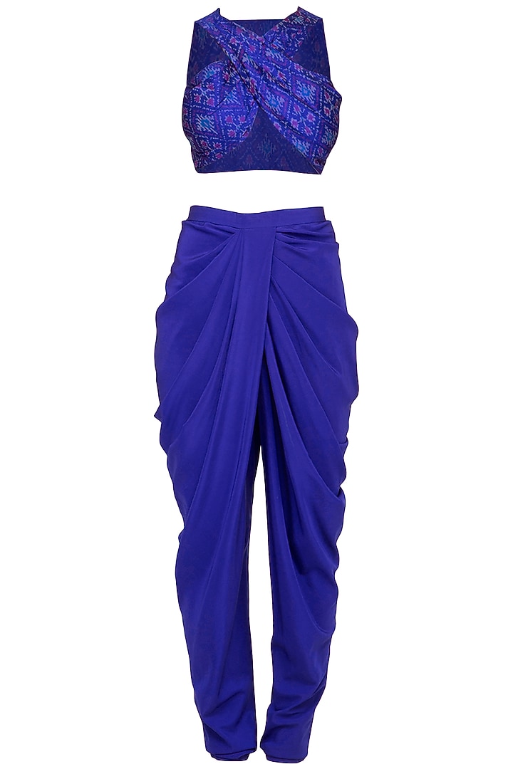 Royal Blue Embroidered Ikat Crop Top With Dhoti Pants & Cape by Tisha Saksena at Pernia's Pop Up Shop