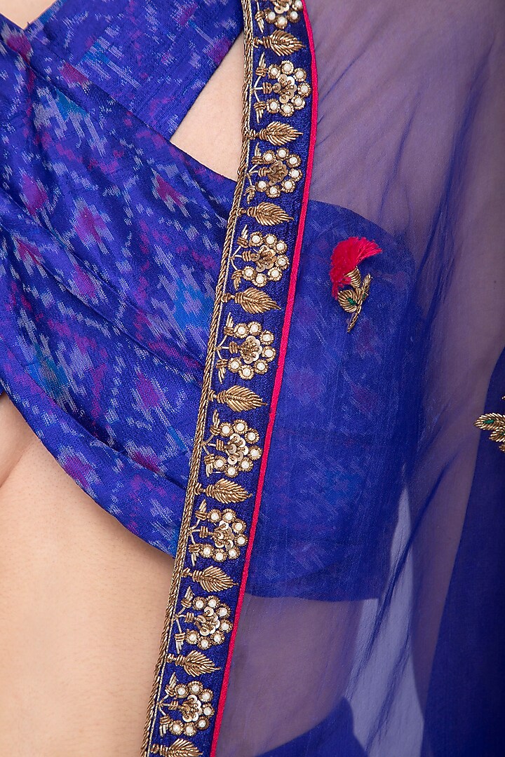 Royal Blue Embroidered Ikat Crop Top With Dhoti Pants & Cape by Tisha Saksena at Pernia's Pop Up Shop