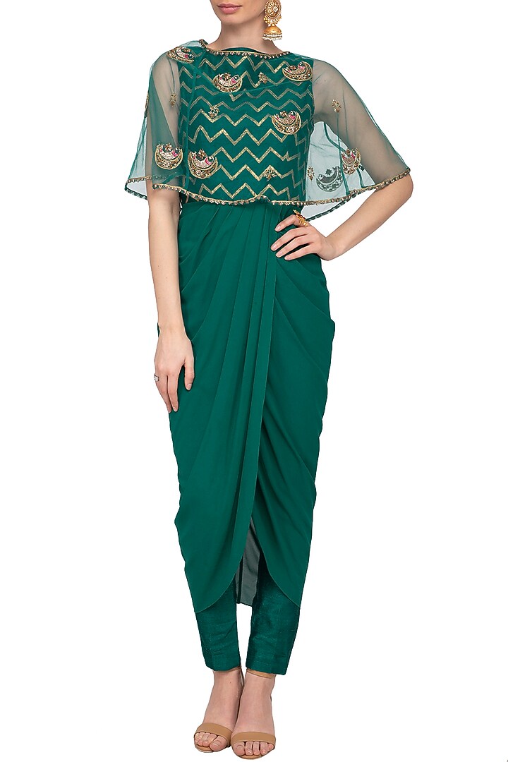 Teal Embroidered Drape Kurta With Pants & Cape by Tisha Saksena at Pernia's Pop Up Shop