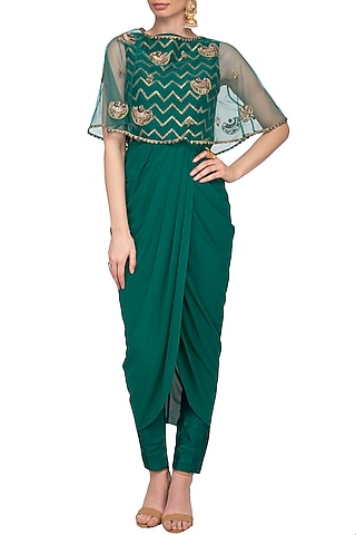 Teal Embroidered Drape Kurta With Pants & Cape by Tisha Saksena
