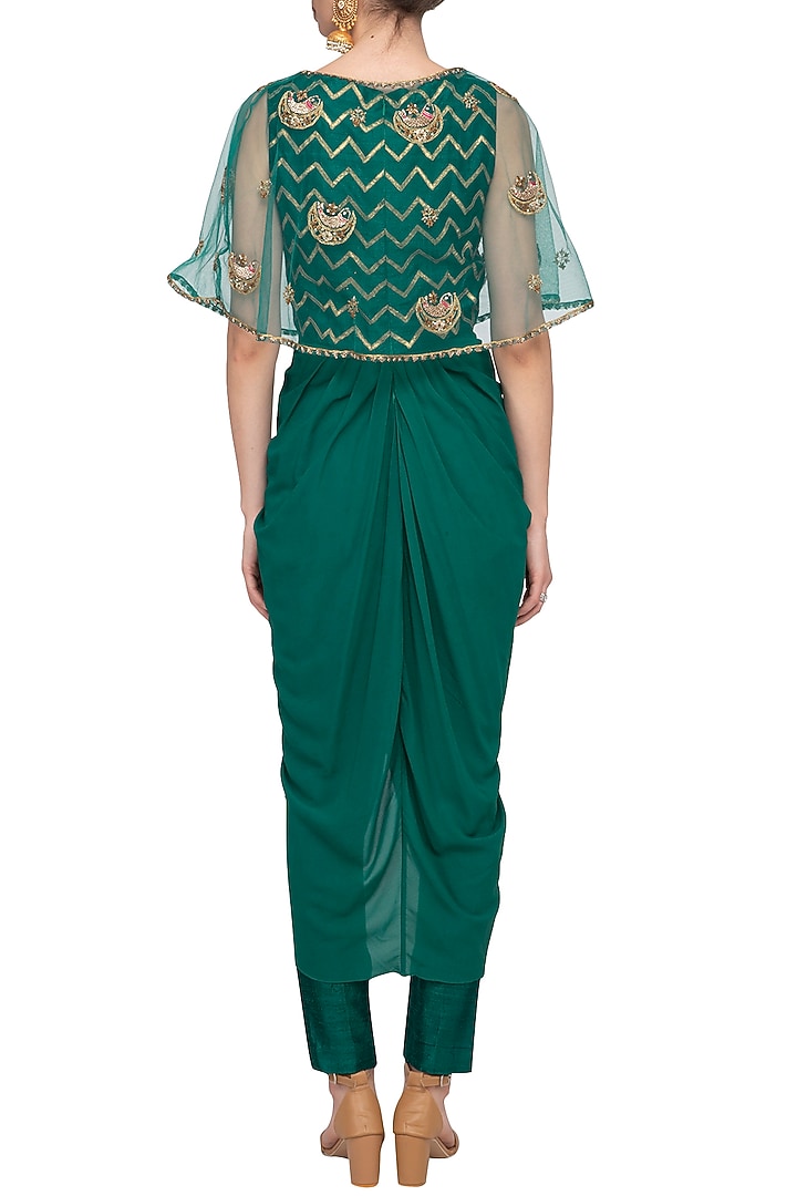 Teal Embroidered Drape Kurta With Pants & Cape by Tisha Saksena at Pernia's Pop Up Shop