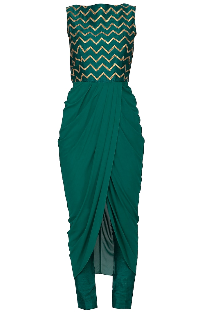 Teal Embroidered Drape Kurta With Pants & Cape by Tisha Saksena at Pernia's Pop Up Shop