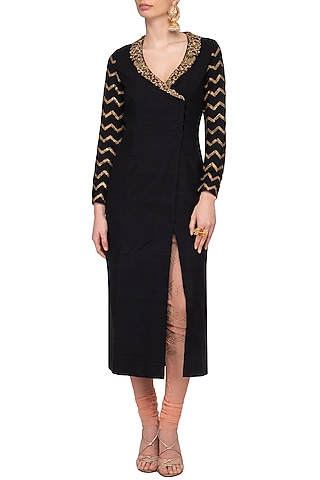 Black Embroidered Blazer Kurta With Nude Churidar Pants by Tisha Saksena