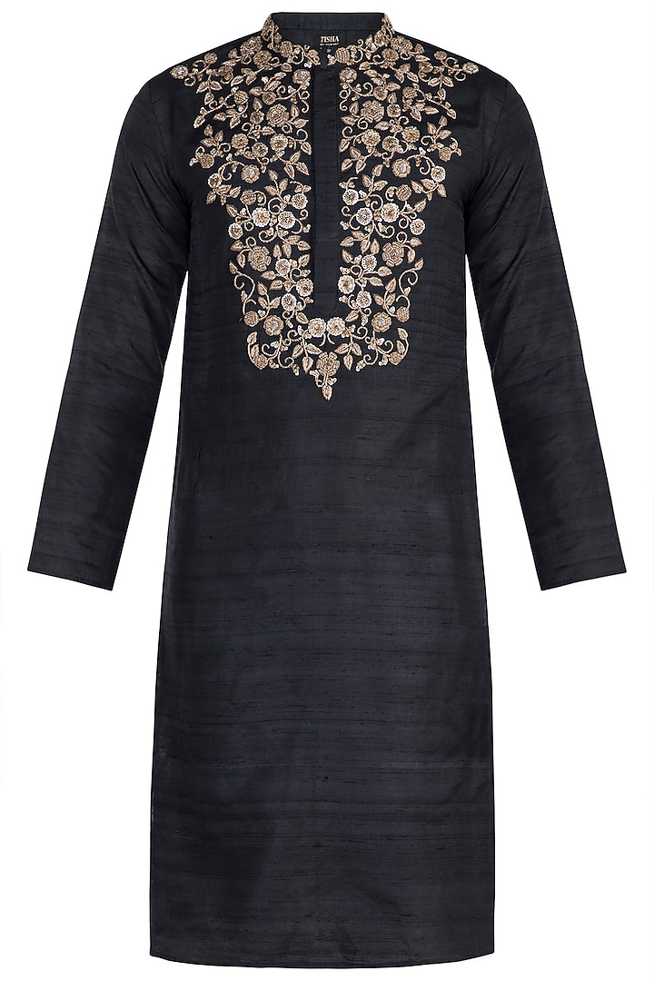 Black Hand Embroidered Kurta by Tisha Saksena Men