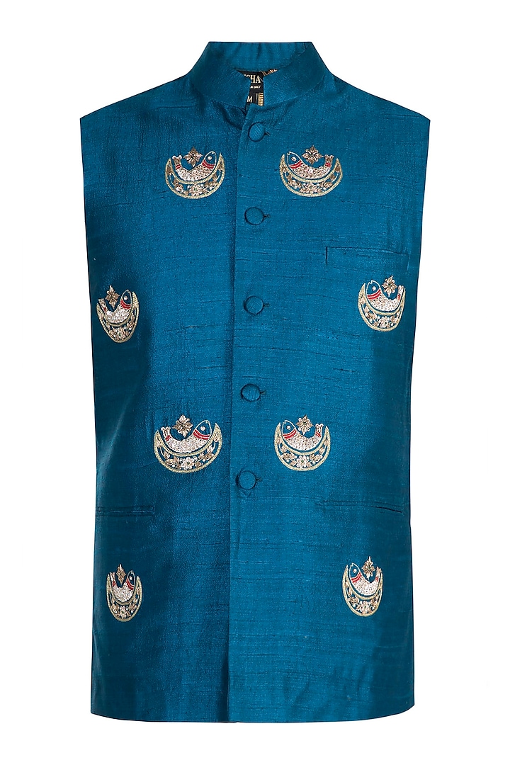 Blue Hand Embroidered Nehru Jacket by Tisha Saksena Men