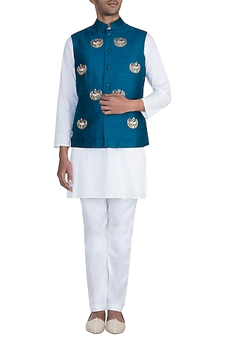 Blue Hand Embroidered Nehru Jacket by Tisha Saksena Men