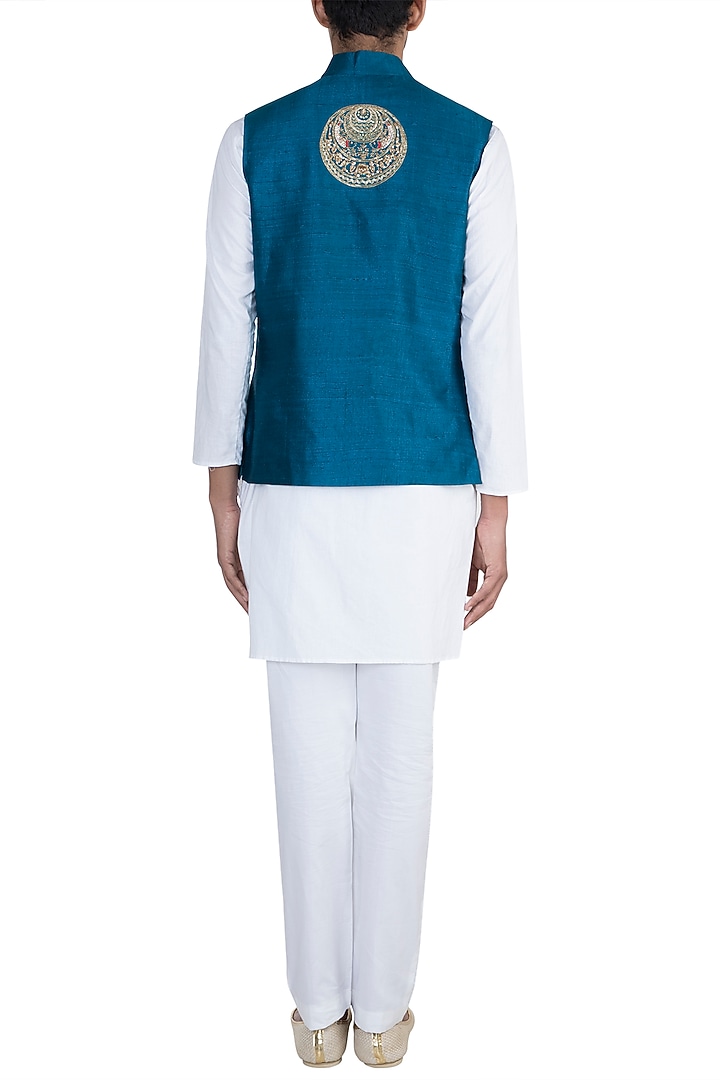 Blue Hand Embroidered Nehru Jacket by Tisha Saksena Men at Pernia's Pop Up Shop