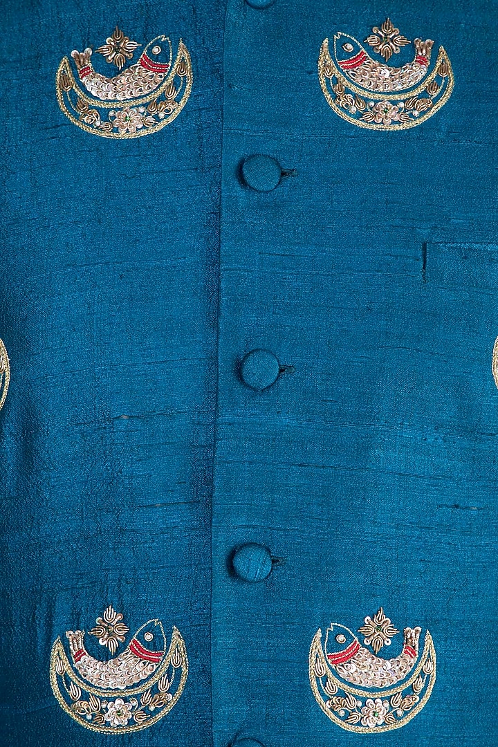 Blue Hand Embroidered Nehru Jacket by Tisha Saksena Men at Pernia's Pop Up Shop