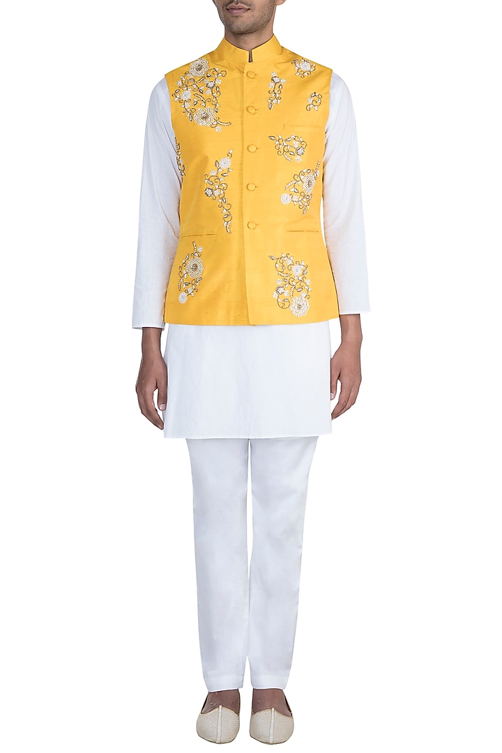 Yellow Hand Embroidered Nehru Jacket by Tisha Saksena Men at Pernia's Pop Up Shop
