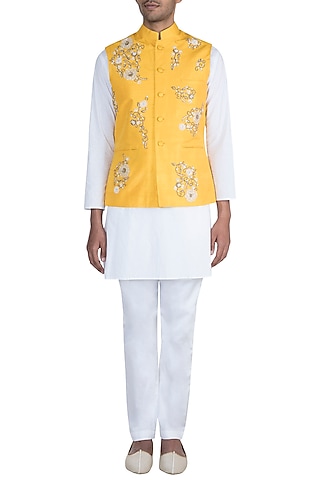 Yellow Hand Embroidered Nehru Jacket by Tisha Saksena Men