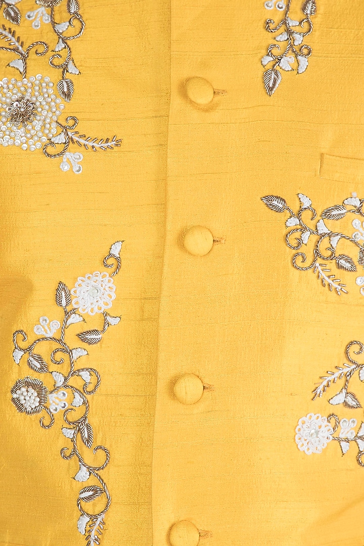 Yellow Hand Embroidered Nehru Jacket by Tisha Saksena Men at Pernia's Pop Up Shop