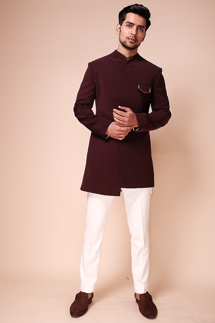 Burgundy Viscose Polyester Groom Indowestern Set by TISASTUDIO at Pernia's Pop Up Shop