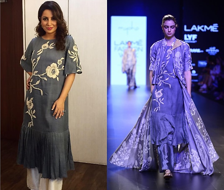 Grey pleated tier kurta with ruffle sleeves available only at Pernia's Pop Up Shop.
