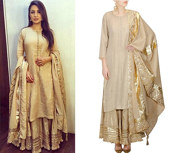 Beige and gold gota patti work kurta and sharara set available only at Pernia's Pop Up Shop.