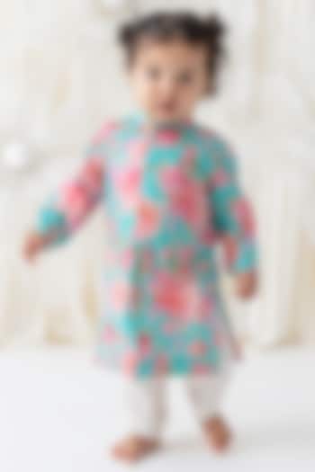 Blue Cotton Floral Printed Kurta Set For Boys by Tiber Taber at Pernia's Pop Up Shop