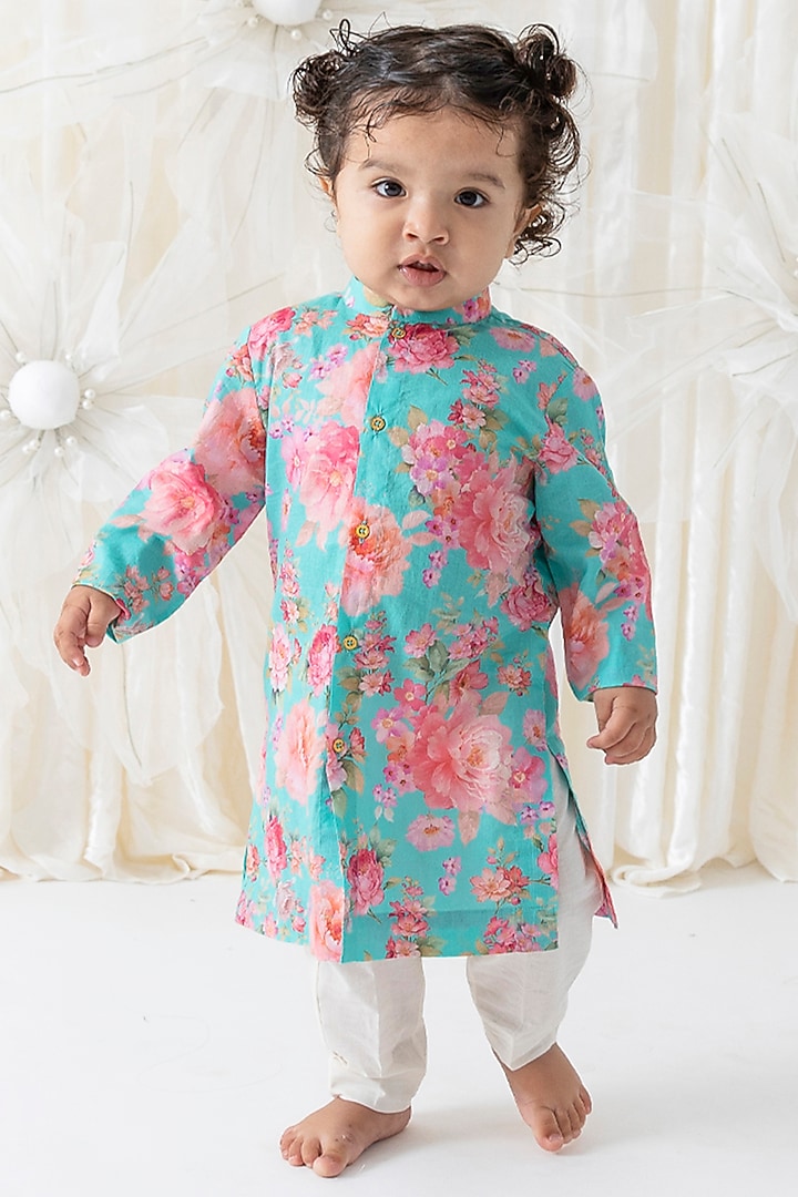 Blue Cotton Floral Printed Kurta Set For Boys by Tiber Taber at Pernia's Pop Up Shop