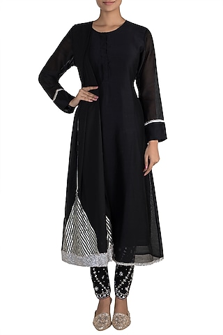 Black Embellished Kurta With Pants by Tokree
