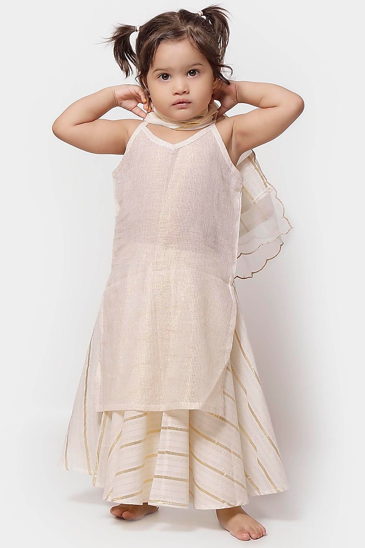 Off-White Mulmul Skirt Set For Girls by Tjori
