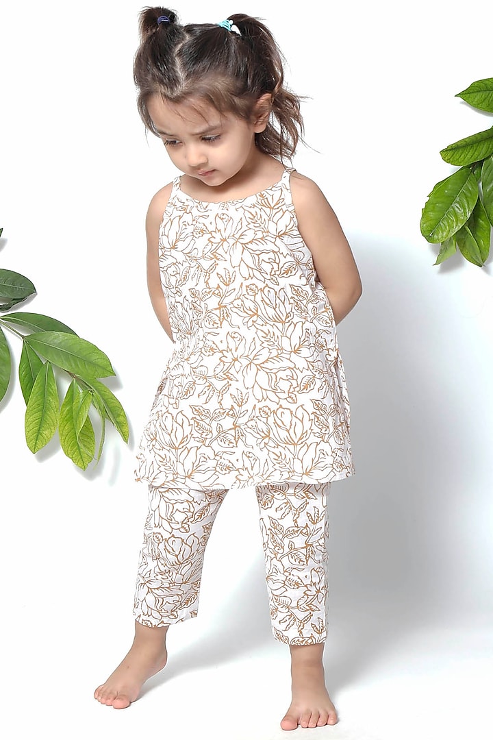 Brown & White Cotton Printed Kurta Set For Girls by Tjori at Pernia's Pop Up Shop