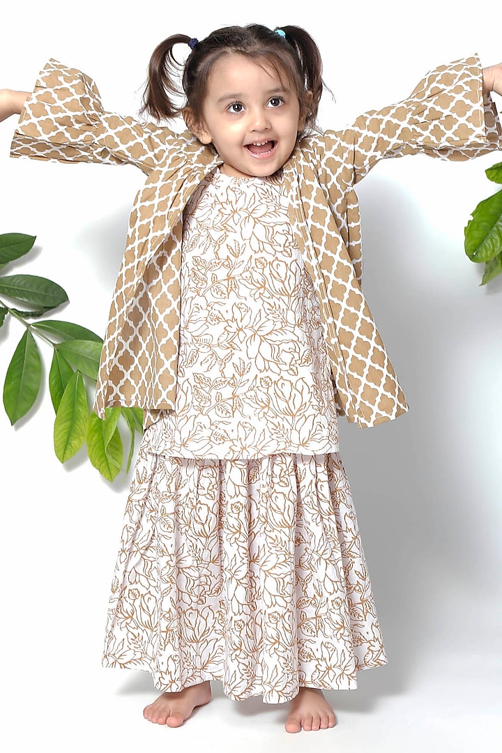 Brown & White Cotton Printed Skirt Set For Girls by Tjori