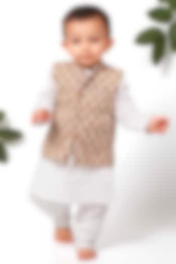Brown & White Cotton Printed Bundi Jacket With Kurta Set For Boys by Tjori
