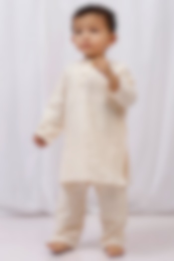 Yellow Cotton Stripes Printed Kurta Set For Boys by Tjori at Pernia's Pop Up Shop